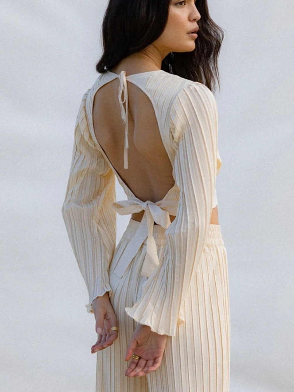 RUE STIIC Open-Back Cream Tie-Back Long Sleeve Blouse